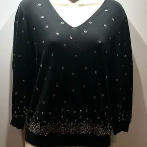 Carlisle Black V-Neck Sweater Silk Blend Silver Metallic and Crystal Accents